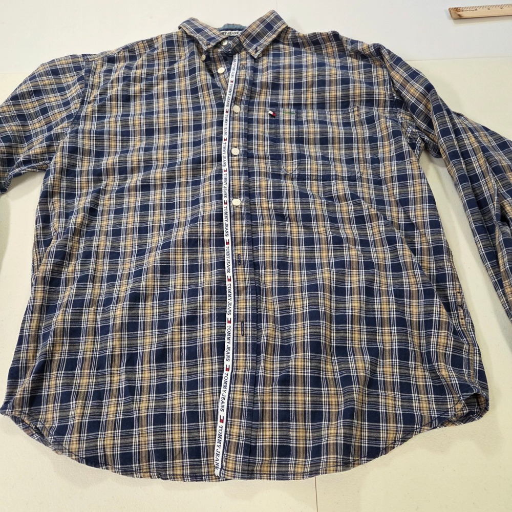 Tommy Jeans Mens Large Plaid Button Down Shirt Navy Blue Tan Logo Tape Trim